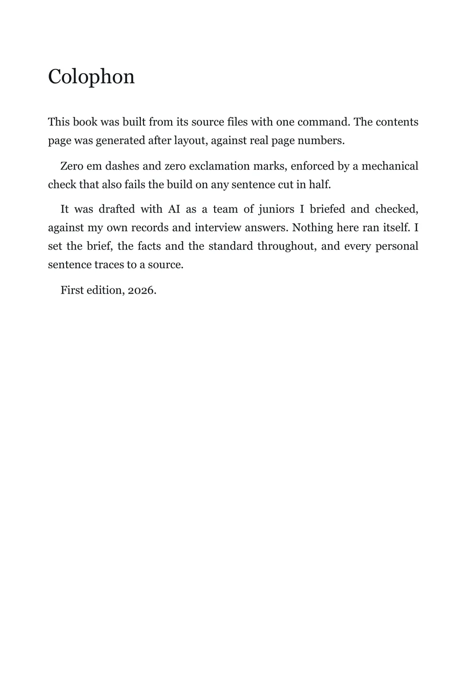 The colophon describing how the book was built