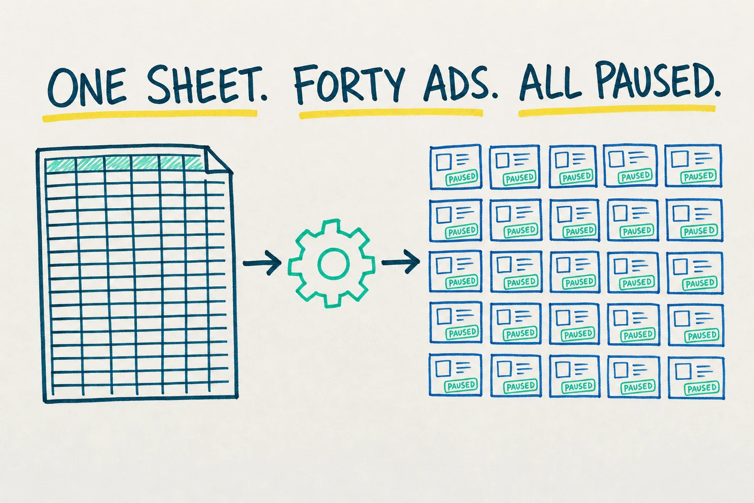 A whiteboard sketch of a spreadsheet grid with an arrow through a gear icon into a cluster of small ad cards, each stamped Paused.