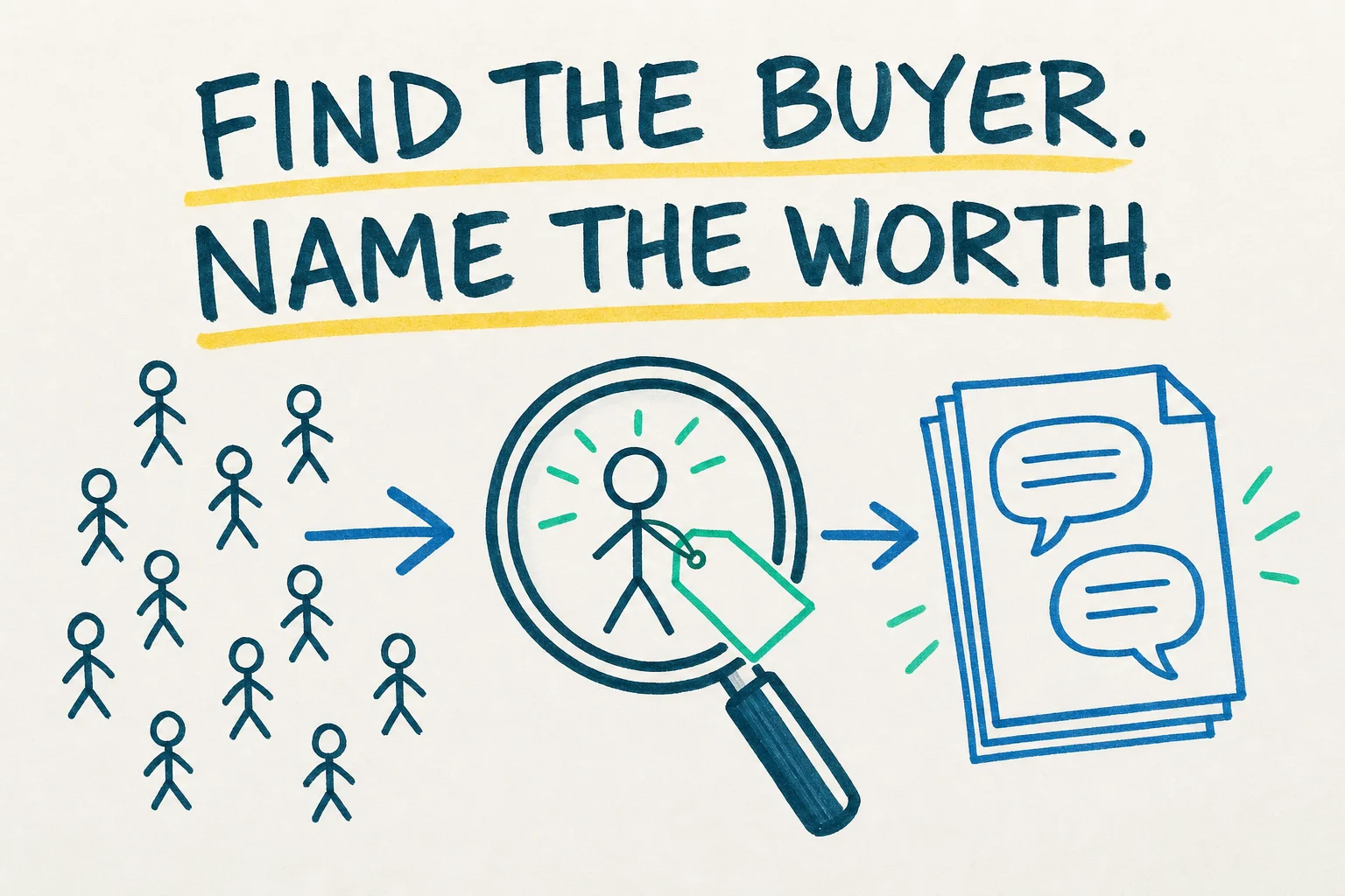 A whiteboard sketch of a magnifying glass circling one stick figure out of a crowd, with a small tag attached and a stack of speech-bubble papers beside it, representing finding the real buyer and their value.