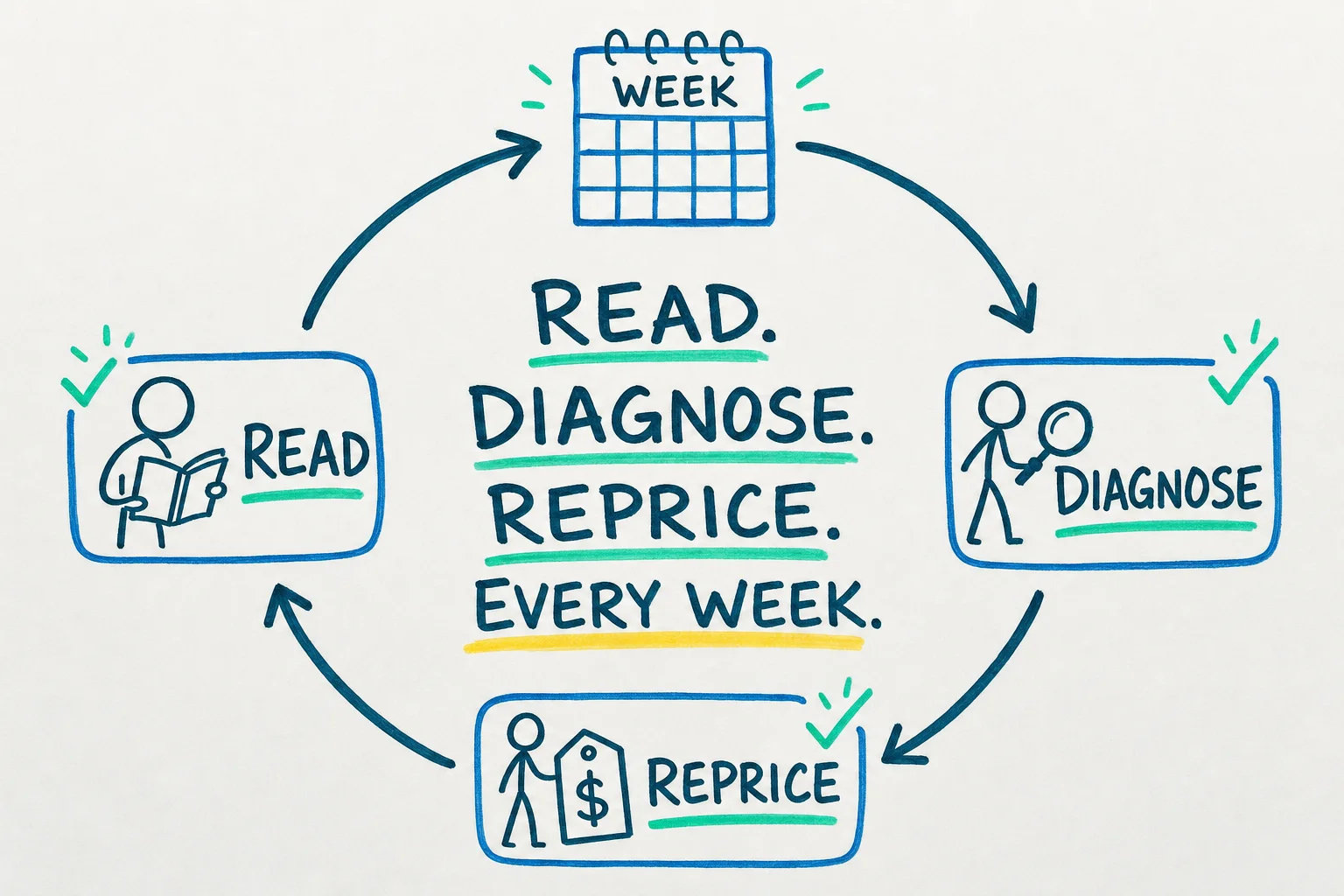 A whiteboard sketch of a circular arrow looping through four stations labelled Read, Diagnose, Reprice, and a small weekly calendar icon, showing a repeating weekly cycle.
