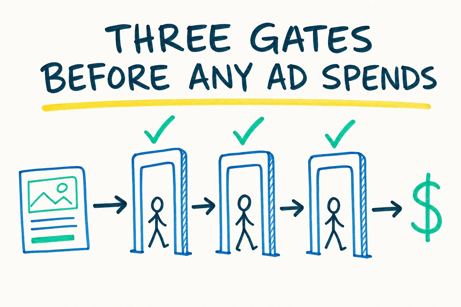 A whiteboard sketch of an ad card passing through three upright gates, each marked with a checkmark, before reaching a dollar sign, showing ads must clear three gates before spend.