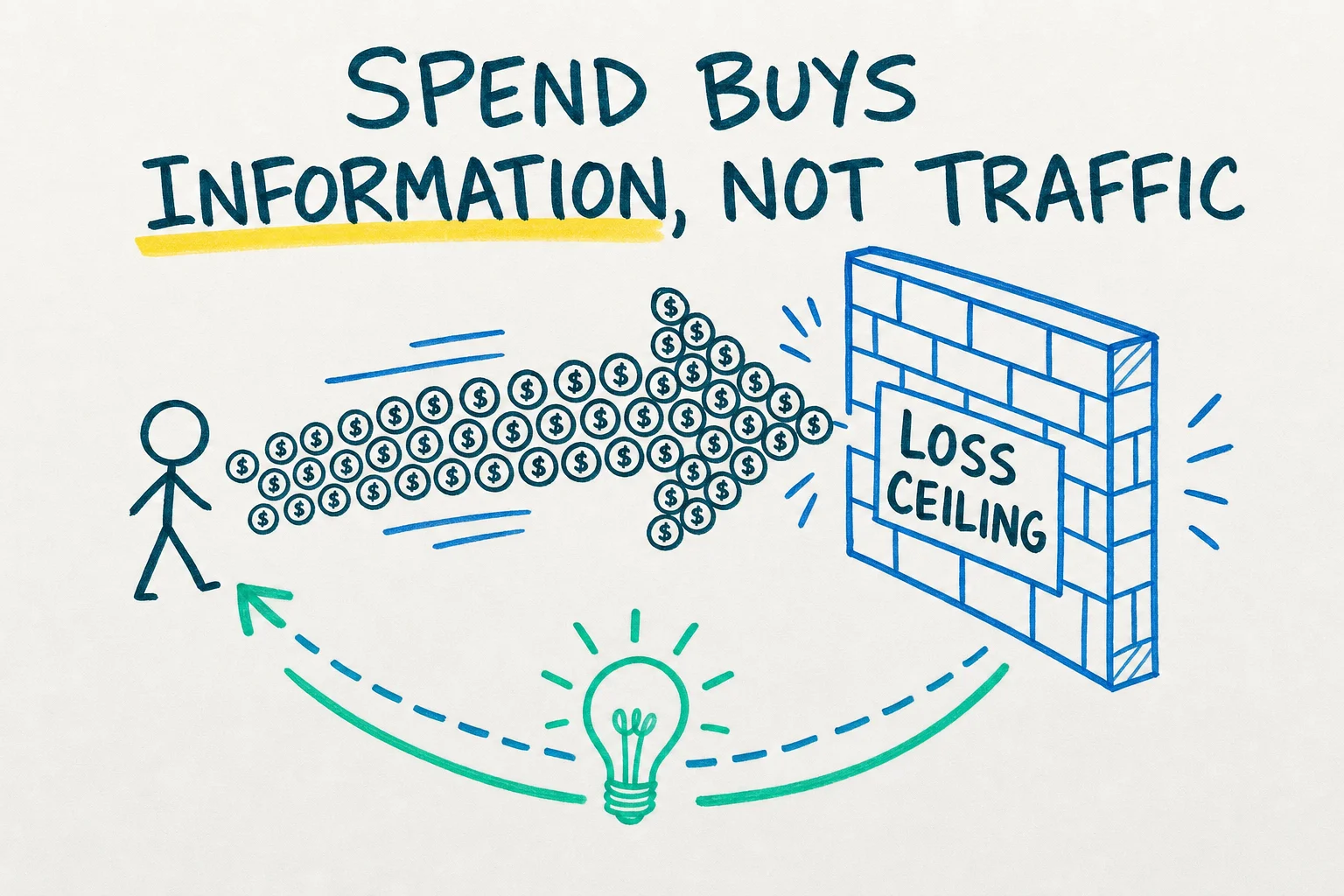 A whiteboard sketch of a row of coins flowing toward a brick wall labelled Loss Ceiling, with a lightbulb bouncing back, showing ad spend buys information and stops at a hard limit.