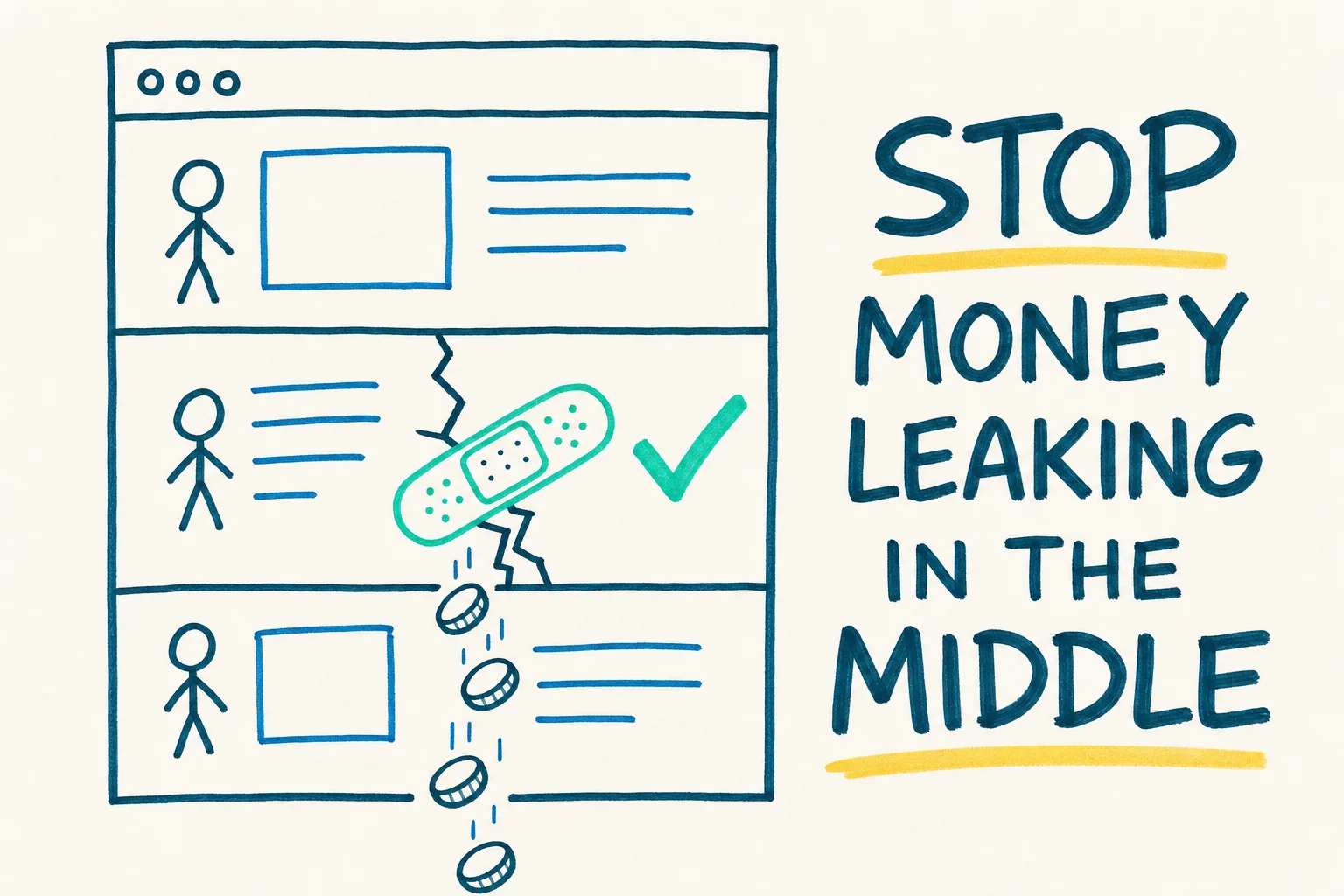 A whiteboard sketch of a page outline in three sections with coins leaking from a crack in the middle section, patched over with a bandage shape and a checkmark.