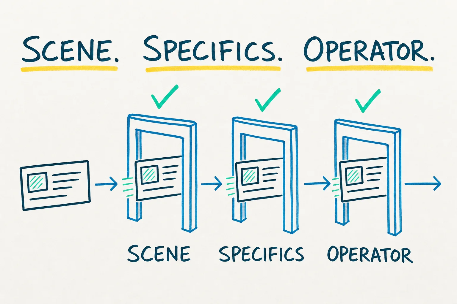A whiteboard sketch of an ad card passing through three gates labelled Scene, Specifics, and Operator, each marked with a checkmark.