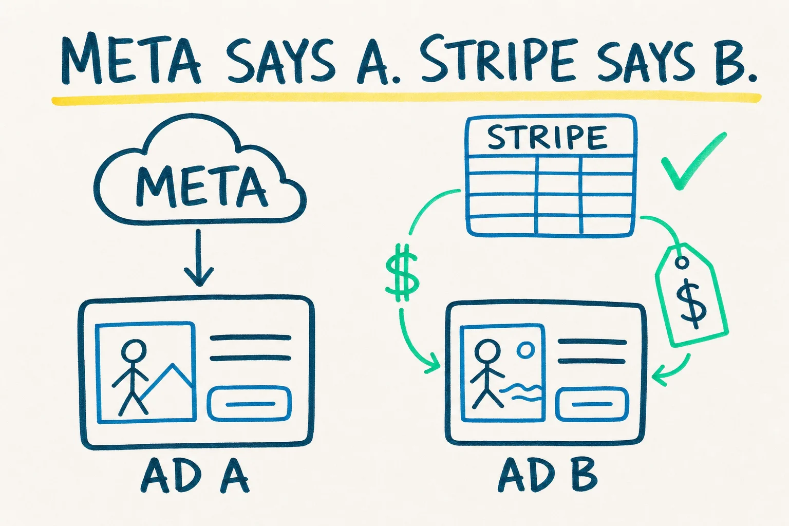 A whiteboard sketch of two ad cards, one under a cloud labelled Meta claiming Ad A, the other under a ledger labelled Stripe pointing a tag to Ad B, showing the two systems disagree on which ad made the sale.